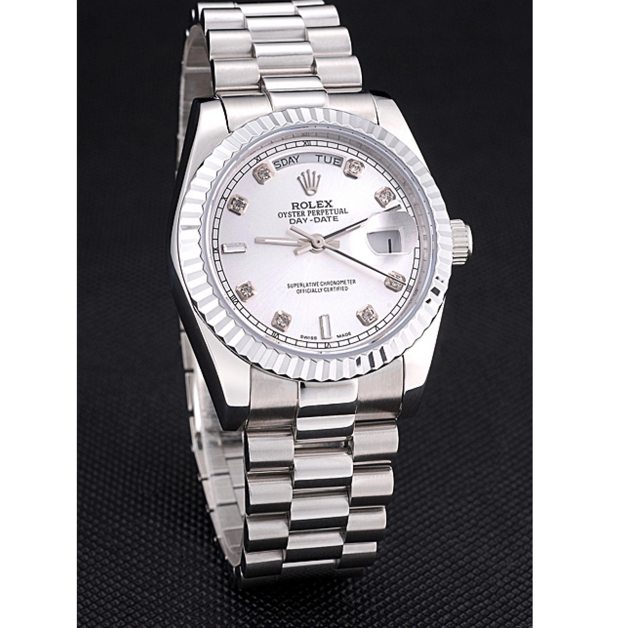 Aaa fake watches Dial Silver Polished Day-Date Stainless Rolex Steel 0719